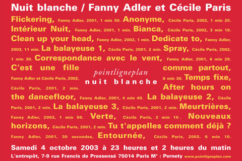 Nuit blanche / Fanny Adler et Cécile Paris Samedi 4 octobre 2003. L'entrepôt, Paris